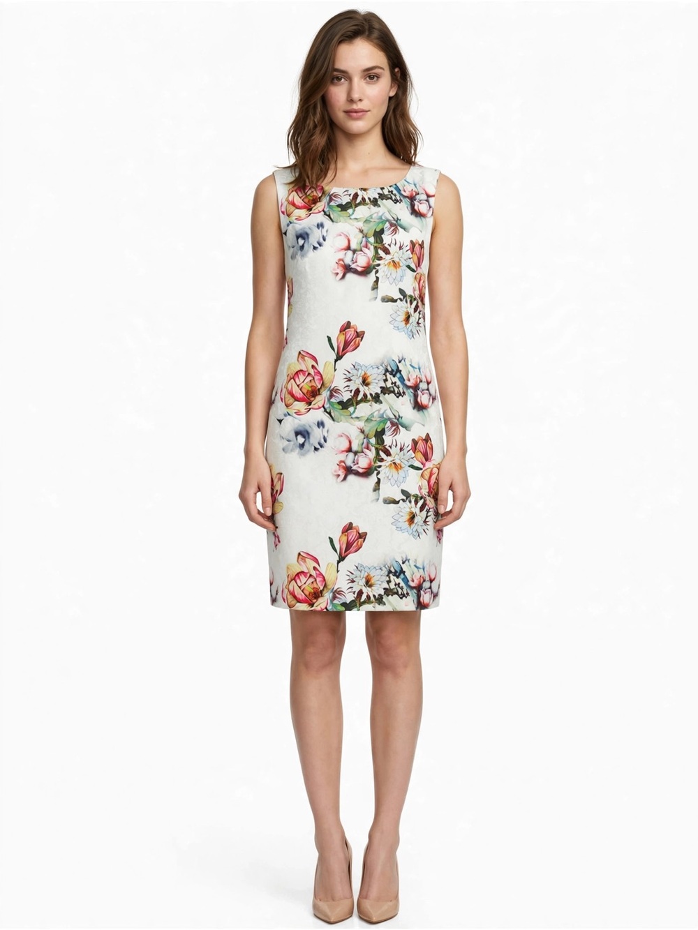 Floral Sleeveless Sheath Dress - White Floral